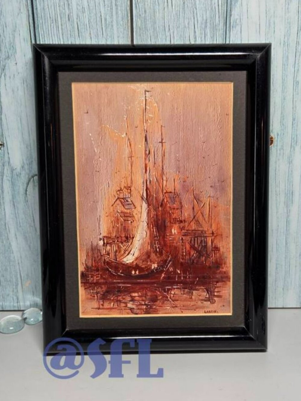 Vtg Original Mini Painting By Danny Garcia Signed Dated 1986 Cali Seascape Boats